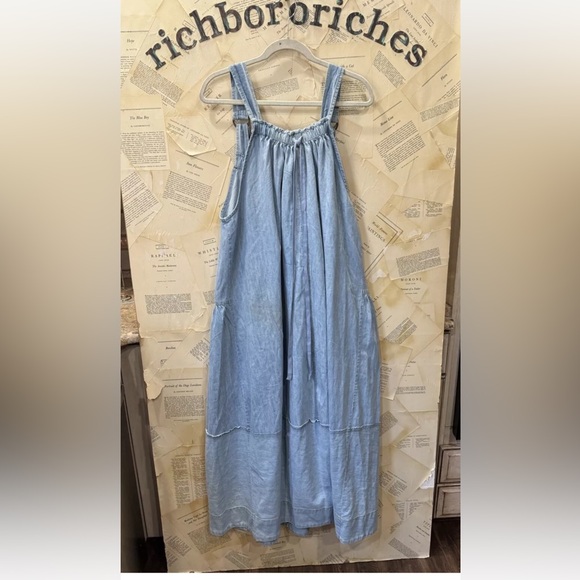 Free People Machu Barrel Midi Maxi Dress Denim Pockets Chambray Blue - Picture 4 of 6